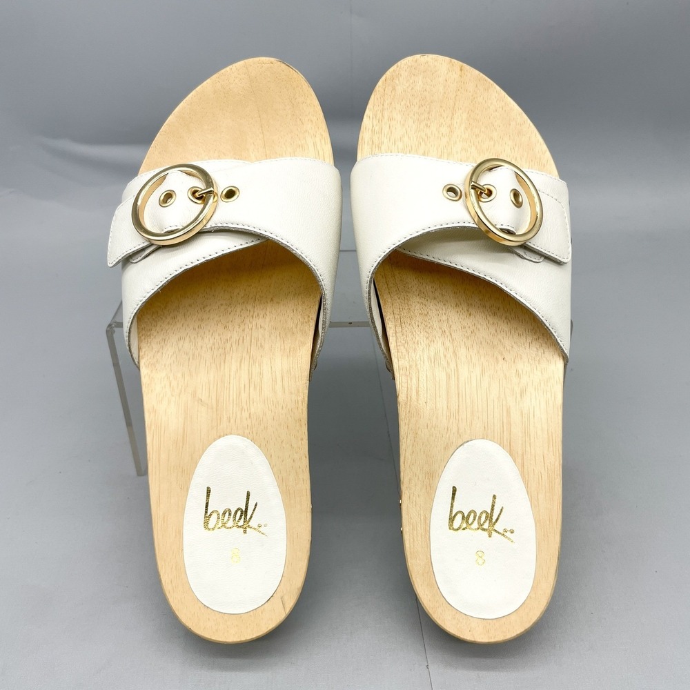BeekWomens 8 Woodstar Clog Sandals White Leather Gold Buckle Slide Boho Coastal - Picture 8 of 12